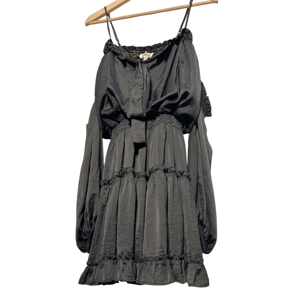 Listicle Off Shoulder Ruffle Tiered Dress Long Sleeve Smocked Waist Black Medium